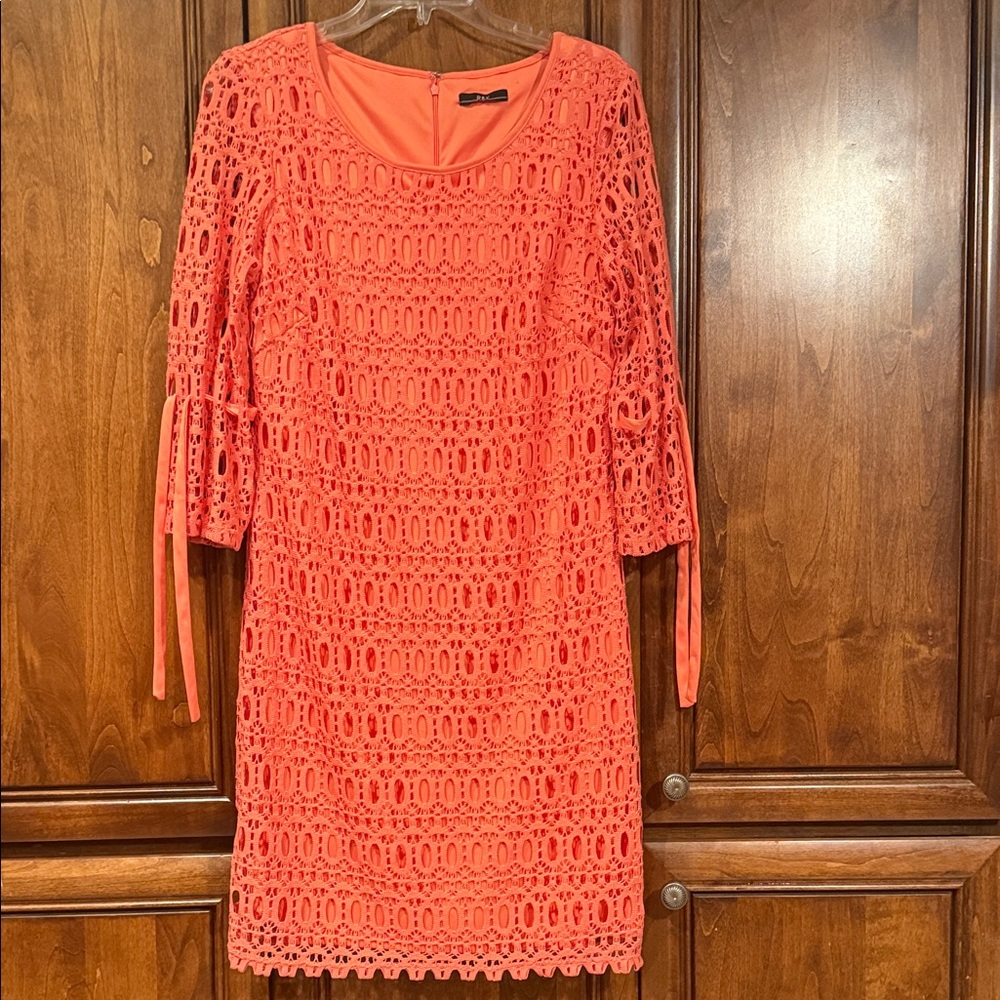R&K Coral Lace with Ribbon Tie Sleeve Dress